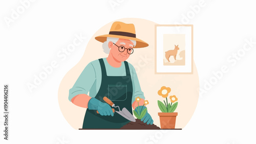 Elderly person wearing a hat and apron plants flowers in a pot