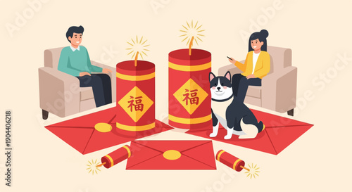 Family and dog celebrate with firecrackers and red envelopes