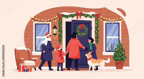 Family and dog arrive at a festive, snow-dusted house for Christmas