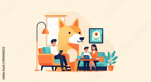 Family and dog enjoying a cozy living room scene, working and relaxing