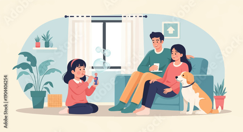 Family and dog enjoying indoor fun, blowing bubbles near window and plants