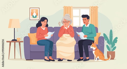 Family and dog gather on sofa, elders look sad reading papers