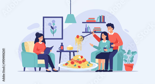 Family enjoys a cozy indoor meal with pasta and drinks, while one reads a book