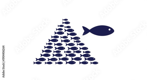 School of fish forming triangle with one large fish swimming away symbolizing leadership and individuality in business and social concepts