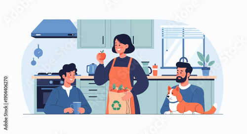Family and dog in kitchen, woman holding apple from reusable bag