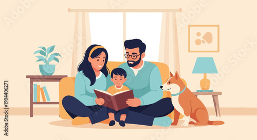 Family and dog reading a book together in a cozy living room