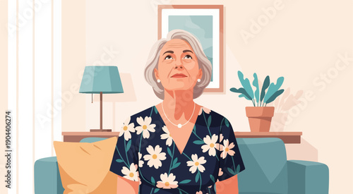 Elderly woman in floral dress looks up pensively in a cozy room