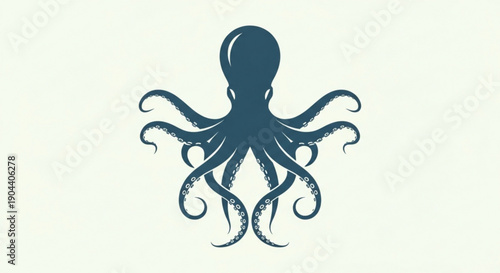 Dark blue octopus silhouette with tentacles on white background symbolizing mystery and ocean creatures