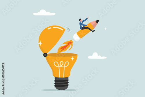 Creativity to create new idea, imagination or invention, inspiration, education or genius idea, writing content or boost creative thinking concept, man riding pencil rocket from opening lightbulb.