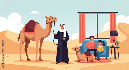 Family enjoys a desert view with camels from indoors