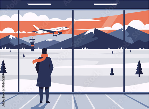 Traveler Watching Airplane at Airport Departure Area Illustration