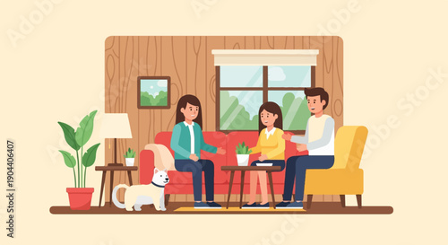 Family and pet relaxing in a cozy living room