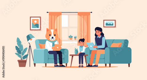 Family gathering in living room with dog-headed person and devices