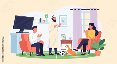 Family gathering indoors, watching TV and praying with a dog