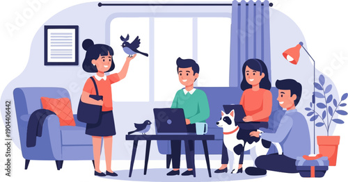 Family gathering indoors, with pets, working and relaxing peacefully