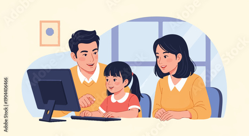 Family happily learning together on a computer at home