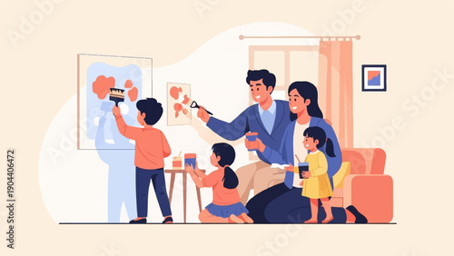 Family happily paints art together in a cozy living room environment