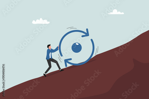 Business strategy to repeatedly complete tasks, personal development or career growth concept, entrepreneurs who encourage the circle symbol of consistency climbing the hill with all their efforts.