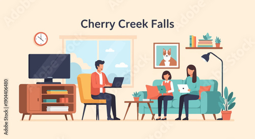 Family in a cozy living room with technology and decor