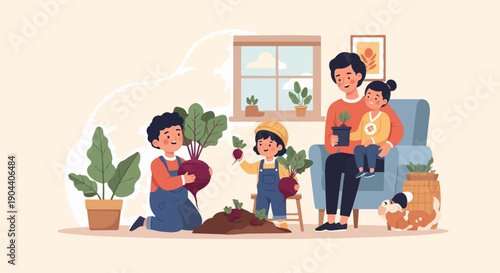 Family harvesting beets together, indoors with plants and a dog