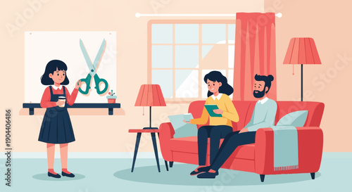 Family at home with art and reading