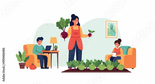 Family in cozy home indoor garden with fresh vegetables and technology