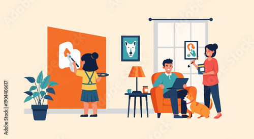 Family painting and relaxing at home with their pet dog and artwork