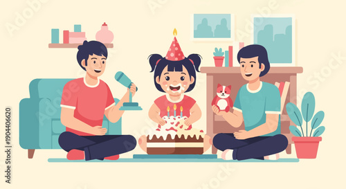 Family celebrates child's birthday with cake, gifts, and a toy fox