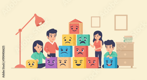 Family playing with emotion blocks, learning to express feelings