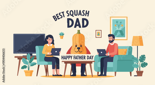 Family celebrates Father's Day with pumpkin-dog mascot working on laptops