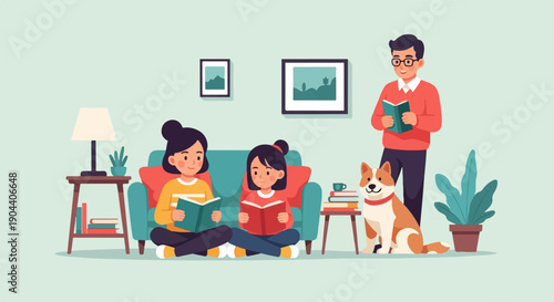 Family reading at home with pet dog and indoor plants