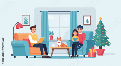 Family reads books by the Christmas tree with their dog