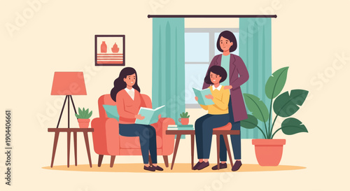 Family reading together in a cozy living room with a plant