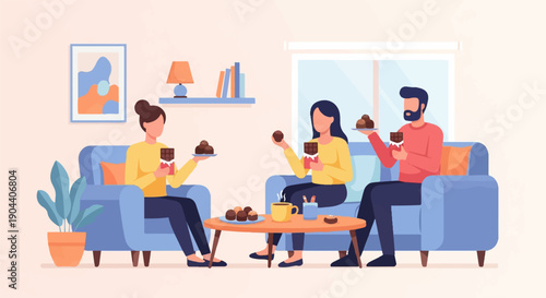 Family enjoying chocolates on sofas with a coffee table full of sweets