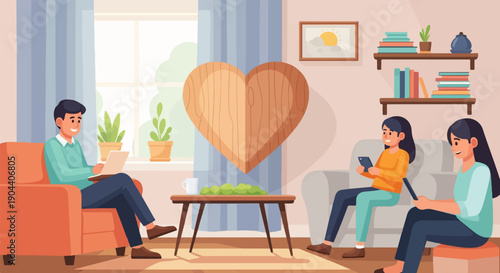 Family relaxing at home, a man on a laptop and two women on phones