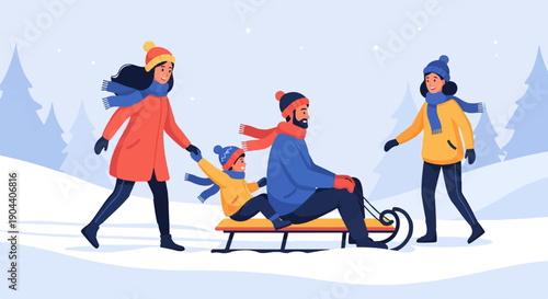 Family enjoying a winter sledding adventure in a snowy forest