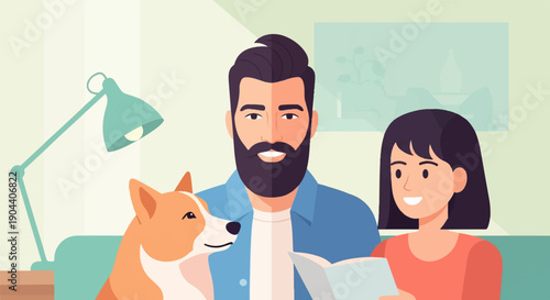 Family relaxing at home with pet dog and reading a book