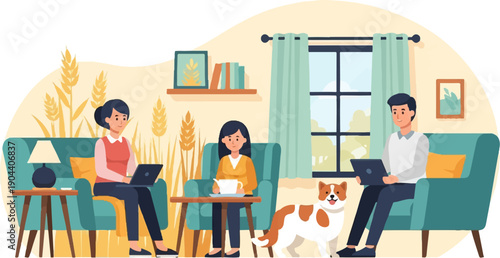 Family relaxing at home, working on laptops with a dog