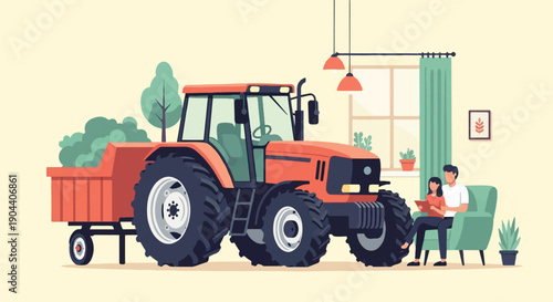 Family relaxing indoors near a large tractor and trailer