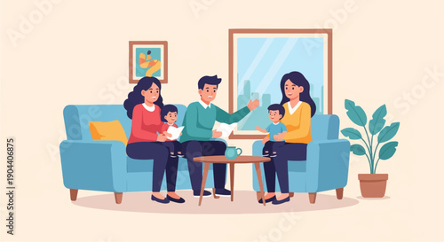 Family relaxing indoors, parents with children, cozy living room scene