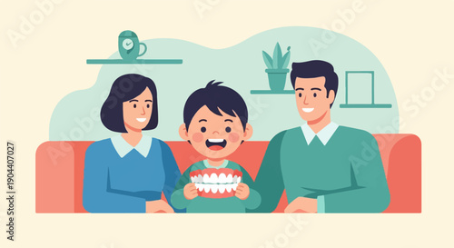 Family with child holding false teeth, seated on couch, home interior background