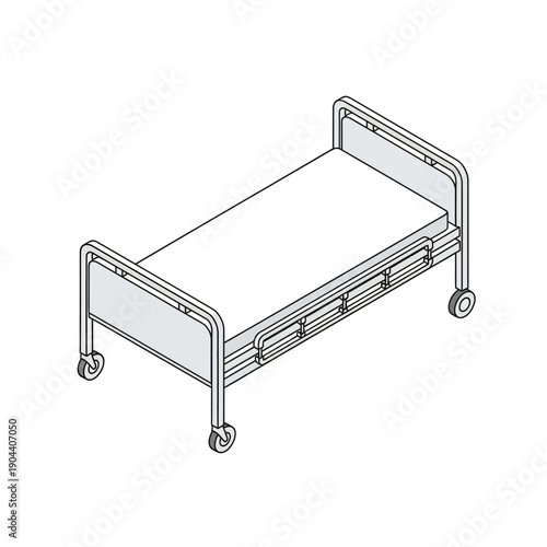 Isometric line drawing of a hospital bed with wheels and mattress.