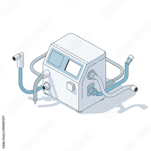 Isometric Medical Ventilator Machine with Tubes and Screens.