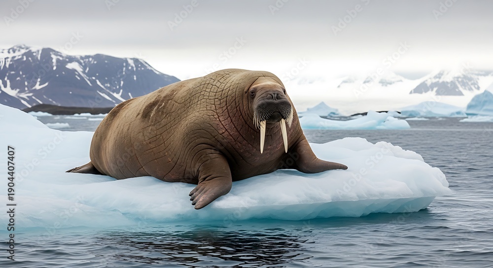 Naklejka premium Majestic Walrus Resting on Iceberg with Arctic Wildlife, Scenic Landscape, and Climate Change Concept.