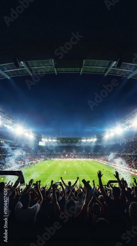 Excited crowd cheering in a brightly lit stadium during a night game.
