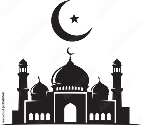 Serene Silhouette of Faith: A mosque with a crescent moon and star symbol rising above, creating a calm and contemplative atmosphere, representing Islamic culture and the beauty of faith.