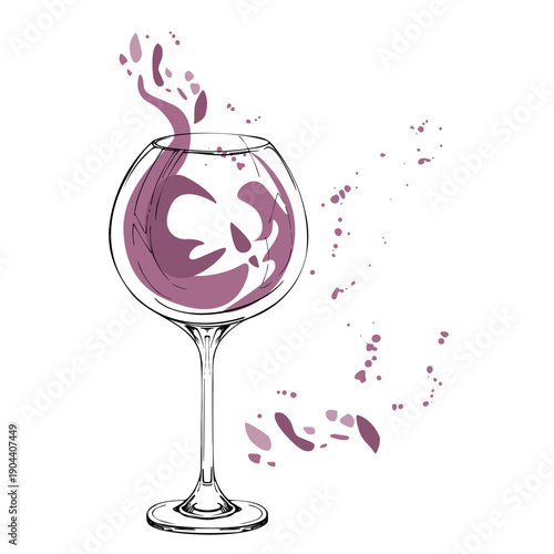 Wine, lemonade or fruit juice poured into tall balloon glass. Hand drawn vector with ink outline and minimal shading. Clean, fresh palette for mixology branding, menus, winery webpages, pattern sets.
