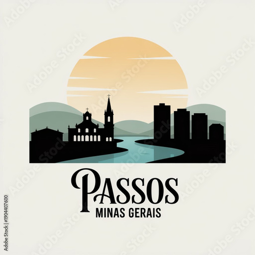 Passos Skyline Silhouette — A Riverfront City in Southern Minas Gerais Vector Illustration