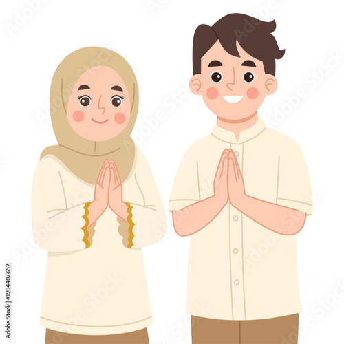 Illustration of Couple Offering Greetings, Illustration of a couple celebrating Islamic Eid
