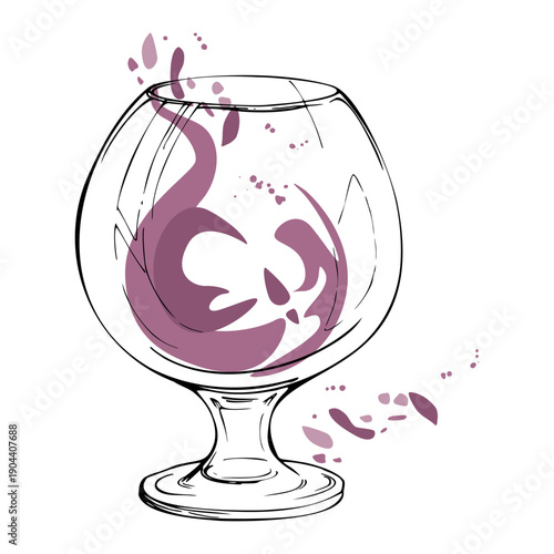 Vector wine, fruit juice swirl with splatter, liquid poured into balloon snifter glass hand drawn in ink. Elegant variable outline. Perfect for party visuals, creative menus, and decorative patterns.